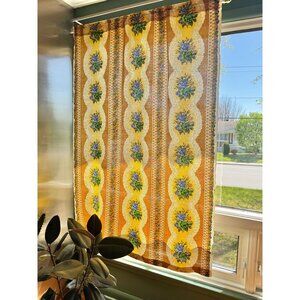 Vintage 60s curtain, orange striped, blue green yellow floral, semi-sheer panel